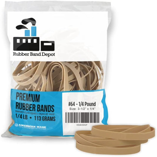 Rubber Band Depot, Size #64, Everyday Rubber Bands - Rubber Band Measurements: 3-1/2" x 1/4'' - Approximately 80 Rubber Bands Per Bag - 1/4 Pound Bag