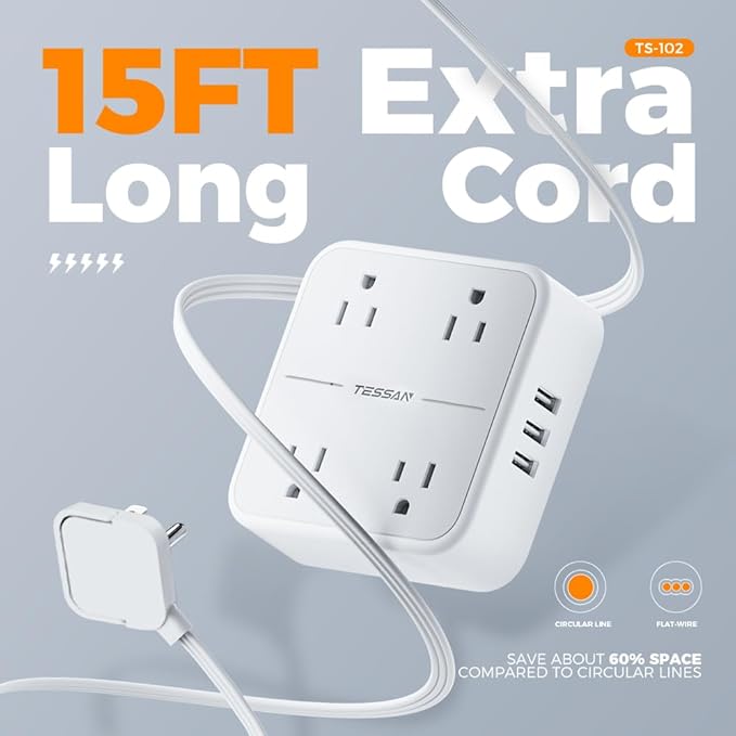 TESSAN 15 FT Extension Cord with USB, Surge Protector Power Strip with 4 Outlets 3 USB A Ports, Multiple 3 Prong Flat Plug, Mountable Desk Charging Station for Office, Home, Dorm Essentials