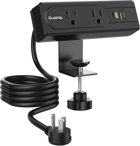 Desk Clamp Power Strip, 6FT Desk Outlet Station with 3 Outlet, PD 20W Fast Charging, Flat Plug, 16 Gauge, Black Desk Power Strip with USB C, Fit 1.72" Tabletop Edge