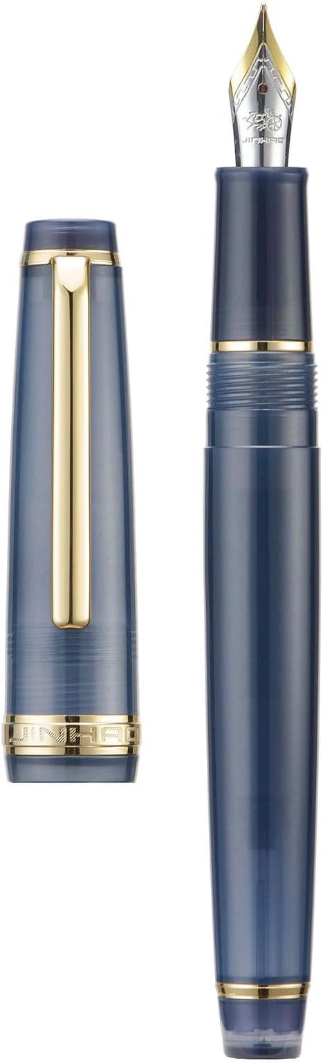 Jinhao 82 Acrylic Fountain Pen, Iridium Extra Fine Nib with Ink Converter, Transparent Dark Blue Classic Design Smooth Writing Pen (Gold Trim)