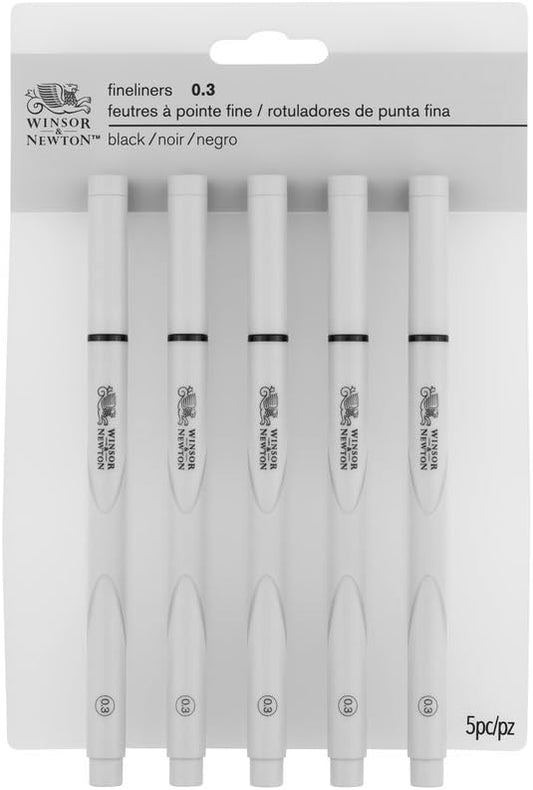 Winsor & Newton Fineliner Fine Point Pen Set, 0.3 mm Tip, Set of 5, Black