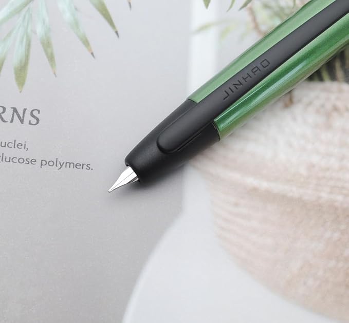 JINHAO 10 Press Fountain Pen, Retractable Metal Pen with Ink Converter (F Nib 0.5mm, Light Pine Green - Black Clip)