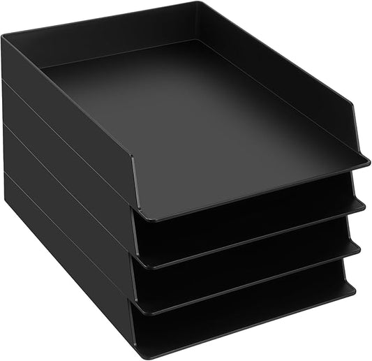 Wenqik 4 Pcs Stackable Paper Trays Rectangular Plastic Desk Tray Holder Desktop Document File Paper Organizer Plastic Storage Letter Tray for Office Classroom, Black