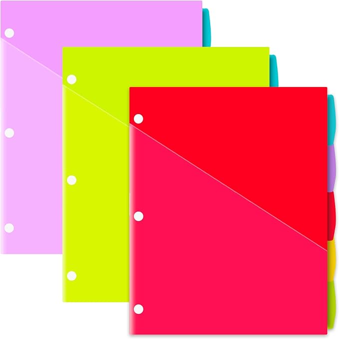 INFUN Plastic 5-Tab Binder Dividers with 2 Pockets - 3 Sets,15PCS Multicolor 2 Pocket Dividers with 3 Holes for 3 Ring Binders ，Total 15 Tabs