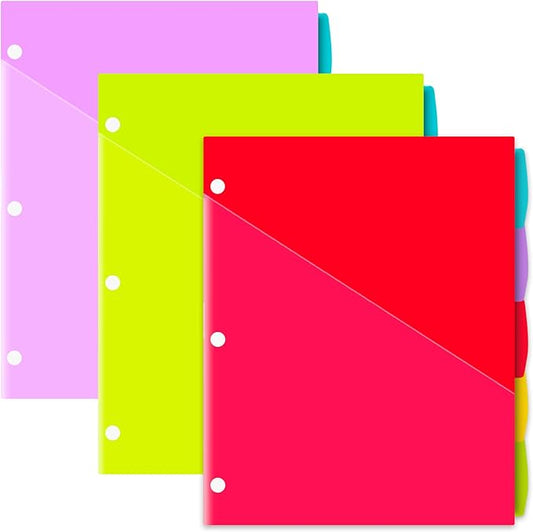 INFUN Plastic 5-Tab Binder Dividers with 2 Pockets - 3 Sets,15PCS Multicolor 2 Pocket Dividers with 3 Holes for 3 Ring Binders ，Total 15 Tabs