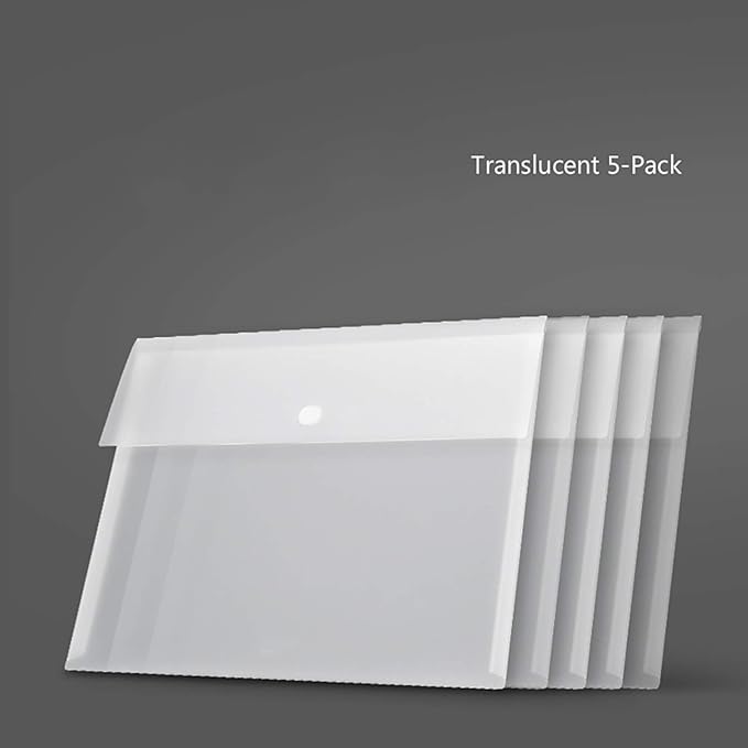 VANRA Poly File Folder Pockets File Jacket Plastic Envelope Flat Document Letter Organizer with Snap Button Closure A4 Letter Size (Pack of 5, Translucent)