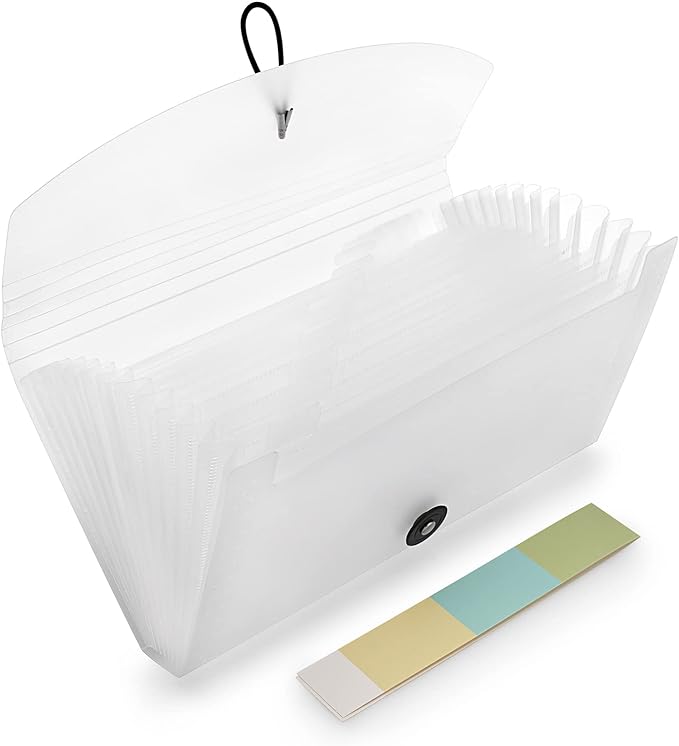 BTSKY Expanding File Folder –New 13 Pockets Small Accordion File Folder Expandable Card Ticket Holder File Storage Folder Check Bill File Folder Plastic Wallet Case (White Translucent)