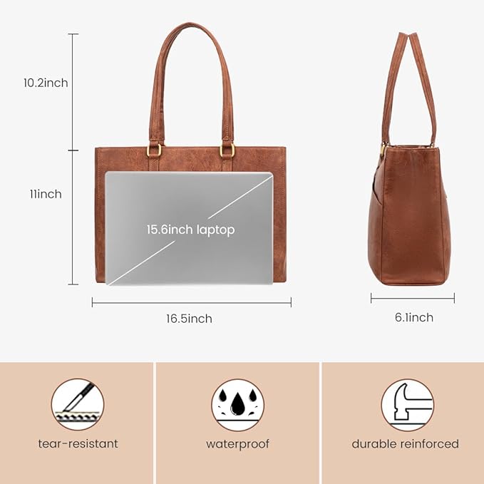 LOVEVOOK Laptop Bag for Women 15.6 Inch Tote Bags Waterproof Leather Briefcase Computer Women Business Office Work Bag,Vintage Brown