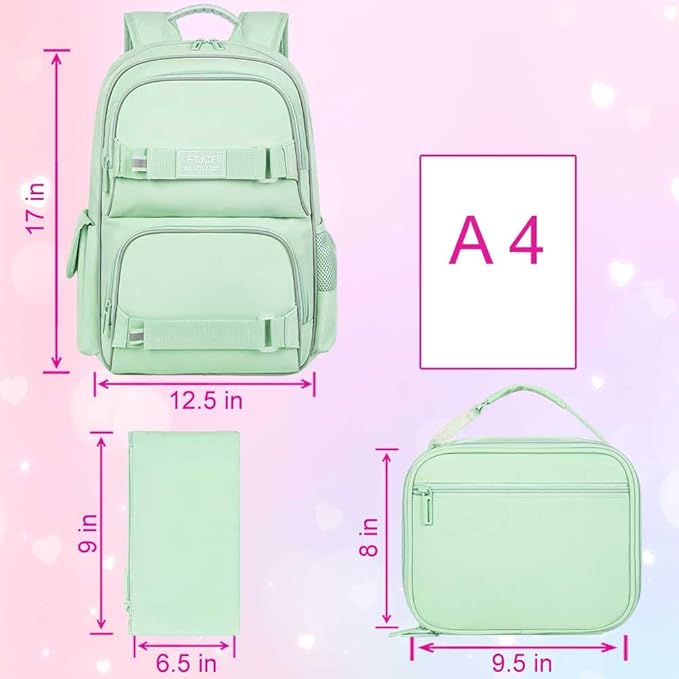 3PCS Laptop Bookbag for Girls, 17" Water Resistant School Backpack with Lunch Box, Cute Green School Bag Set for Women College Teenagers High Middle Elementary School