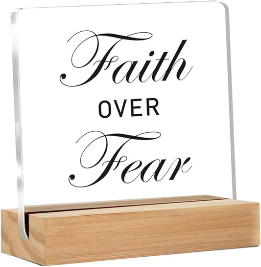 Positive Christian Gifts for Women Men, Faith Over Fear Christian Clear Acrylic Sign With Wooden Stand for Desk Table Shelf