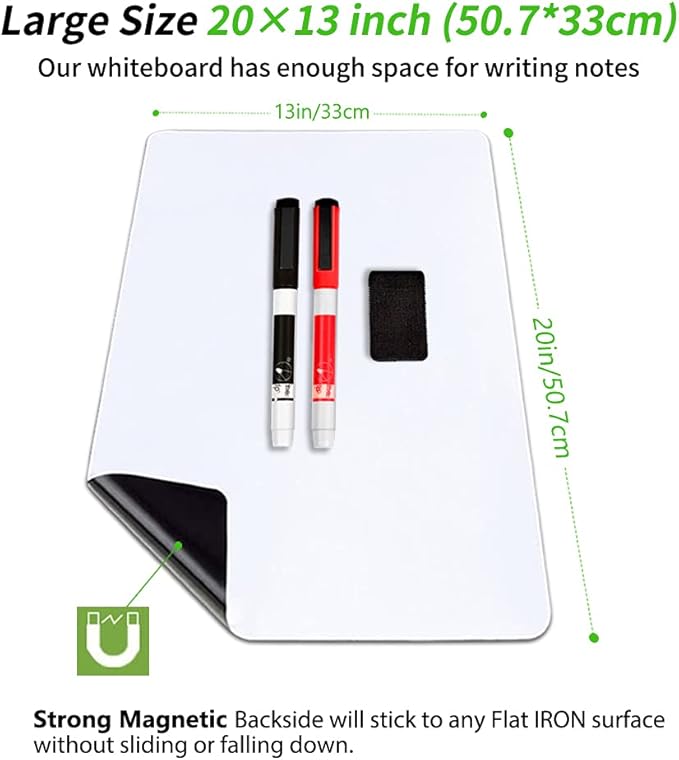 Magnetic Dry Erase Board Fridge White Board Sheet 20 x13 inch, Flexible Large Refrigerator Magnets Whiteboard Planner for Home Kitchen, 2 Markers and Eraser