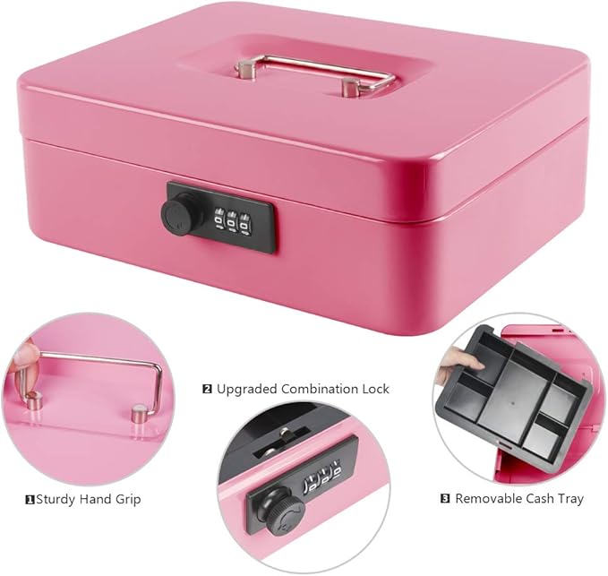 KYODOLED Safe Metal Cash/Money Box with Combination Lock, Money Tray for Security 9.84"x 7.87"x 3.54" Pink, Large