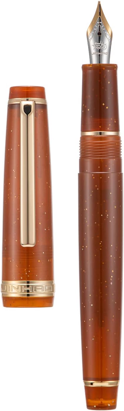 Jinhao 82 Acrylic Fountain Pen, Iridium Medium Nib with Ink Converter, Transparent Coffee Fluorescent Classic Design Smooth Writing Pen (Gold Trim)
