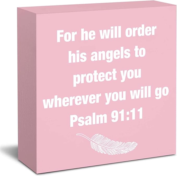 Pink Psalm 91:11 Office Decor Desk Accessories Inspirational Gifts for Women Bible Verse Gifts Pink Christian Office Decor Sign Desk Decorations for Women Home & Office Cute Desk Accessories