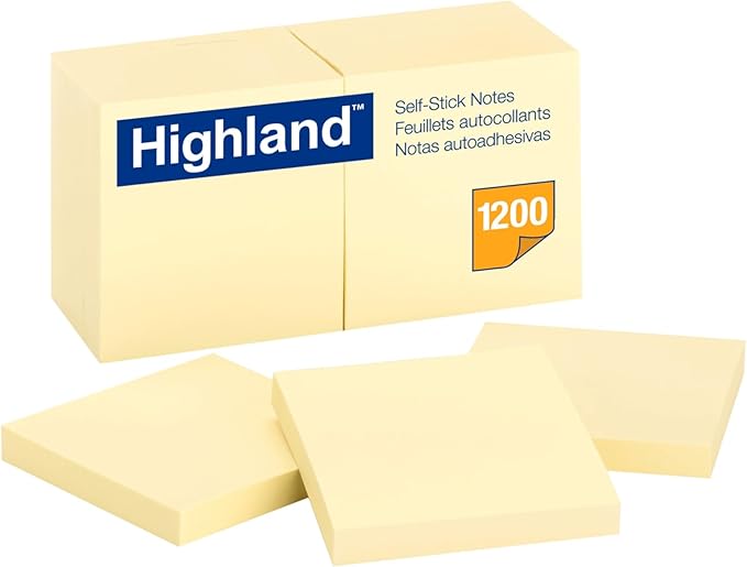 Highland Sticky Notes, 3 x 3 Inches, Yellow, 12 Pack (6549)