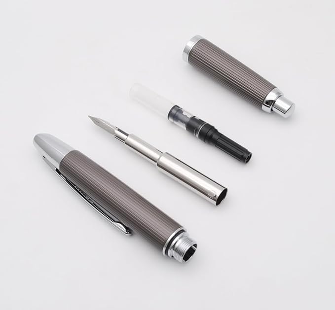 JINHAO 10 Press Fountain Pen, Retractable Metal Pen with Ink Converter (EF Nib 0.38mm, Striated Dark Gray)