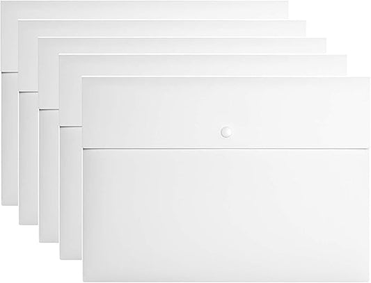 VANRA Poly File Folder Pockets File Jacket Plastic Envelope Flat Document Letter Organizer with Snap Button Closure A4 Letter Size (Pack of 5, White)