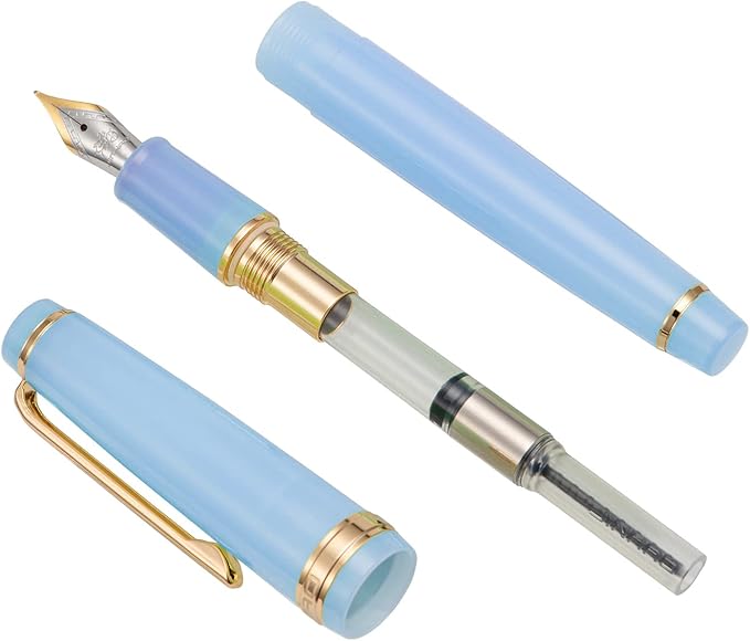 Jinhao 82 Acrylic Fountain Pen, Iridium Extra Fine Nib with Ink Converter, Transparent Light Blue Classic Design Smooth Writing Pen (Gold Trim)