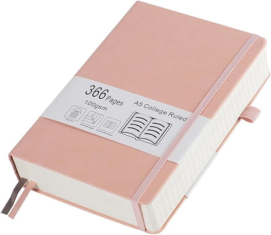 Thick College Ruled Notebook with 366 Numbered Pages, A5 Journals for Writing with 100GSM Lined Paper, Hardcover Leather Notebooks for Women Men School Note Taking Office Work Diary, 5.7"x8.3" Pink