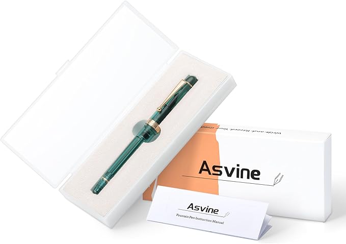 Asvine V126 Vacuum Filling Fountain Pen Gold Plated Fine Point, Transparent Teal Acrylic Pen Gift Case