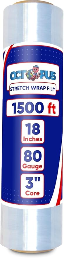 OCTOPUS Stretch Wrap, Industrial Strength 1 Roll Clear, 18” x 1500 feet, 80 Gauge (20 Micron), Heavy Duty Plastic Shrink Film for Packing, Wrapping, Bundling, Shipping, Pallets, and Moving Essentials