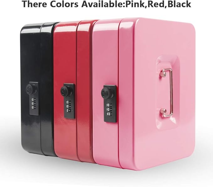 KYODOLED Safe Metal Cash/Money Box with Combination Lock, Money Tray for Security 9.84"x 7.87"x 3.54" Pink, Large