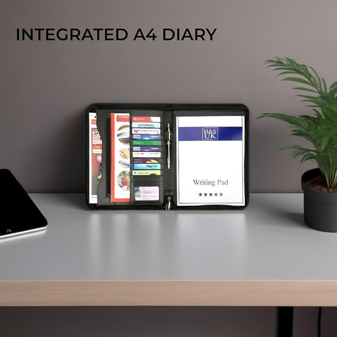 H&S A4 Portfolio Folder with Ring Binder Mechanism - Leather Conference Padfolio with Legal Writing Pad - A4 Document Folder with 11 Business Card Slots for Men