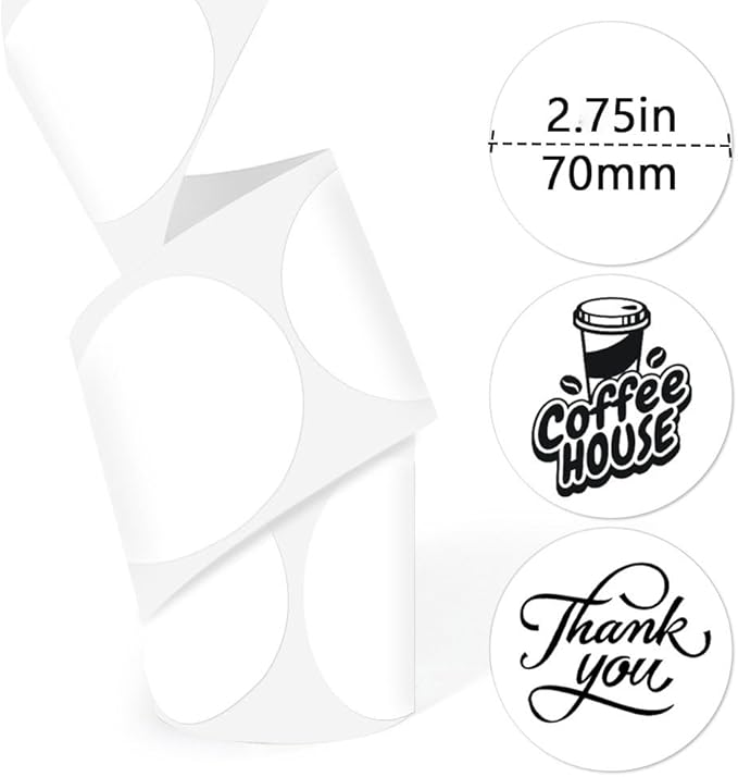 70 x 70 Round Thermal Labels, Round Thermal Sticker Labels for Business and Home, Thermal Printer Labels for DIY Logo Design, Thanks Card, 130 Labels for Printer wonlabel