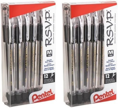 Pentel(R R.S.V.P.(R) Ballpoint Pens, 1.0 mm, Medium Point, Clear Barrel, Black Ink, Pack of 24, BK91-A