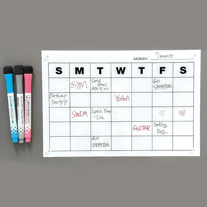 GEEKBEAR Dry Erase Refrigerator Calendar with 3 Markers - Attachable to Any Fridge with Special Suction Cups - Monthly and Weekly Designs, Acrylic - 15.7" x 10.6" (01. Basic, Monthly)