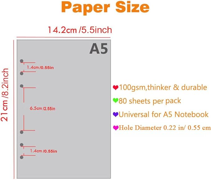 SAYEEC A5 Refill Paper Loose Leaf Lined Paper for A5 Planner Organizer 6 Holes Ring Binder Planner for Journals Notebooks Diaries Inserts, 80 Sheets
