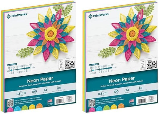 Printworks Neon Colored Paper, 24 lb, 5 Assorted Florescent Colors, FSC Certified, 100 Sheets, 8.5 x 11 Inch (00579), Single (Pack of 2)