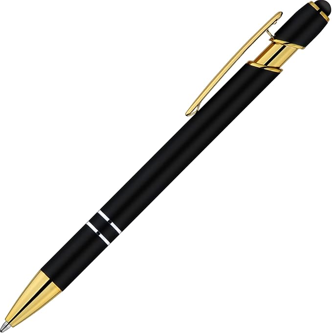 LINFANC 12 Pack Black Gold Ballpoint Pen with Stylus Tip, 1.0 mm Black Ink Smooth Writing Pens, Metal Stylus Pens for Touch Screens