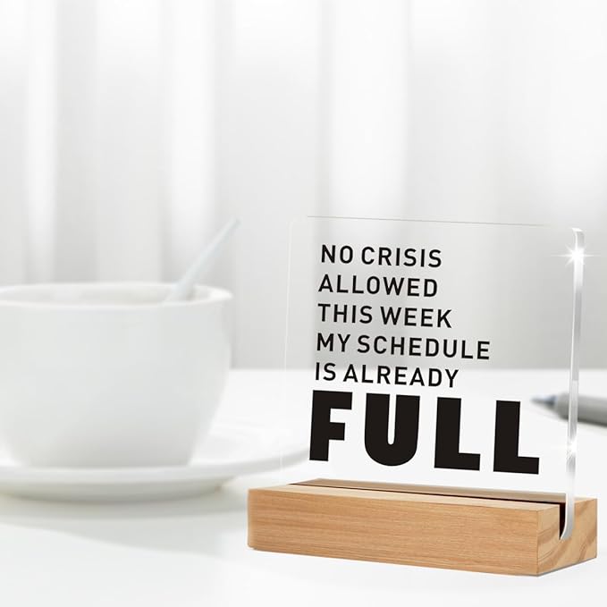 Funny Boss Lady Gift for Women, Funny Office Decor Signs, No Crisis Allowed Clear Decorative Acrylic Sign With Wooden Stand for Desk Table Shelf (4 x 4 Inches)