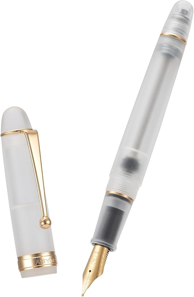 Asvine V126 Vacuum Filling Fountain Pen Medium Nib, Frosted Transparent Clear Acrylic, Large-Capacity with Gift Case