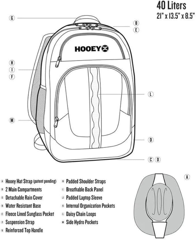 HOOEY Ox 40 Liter Hiking Backpack Rain Cover Hat Strap Laptop Sleeve Hydro Pockets (Navy/Tan)