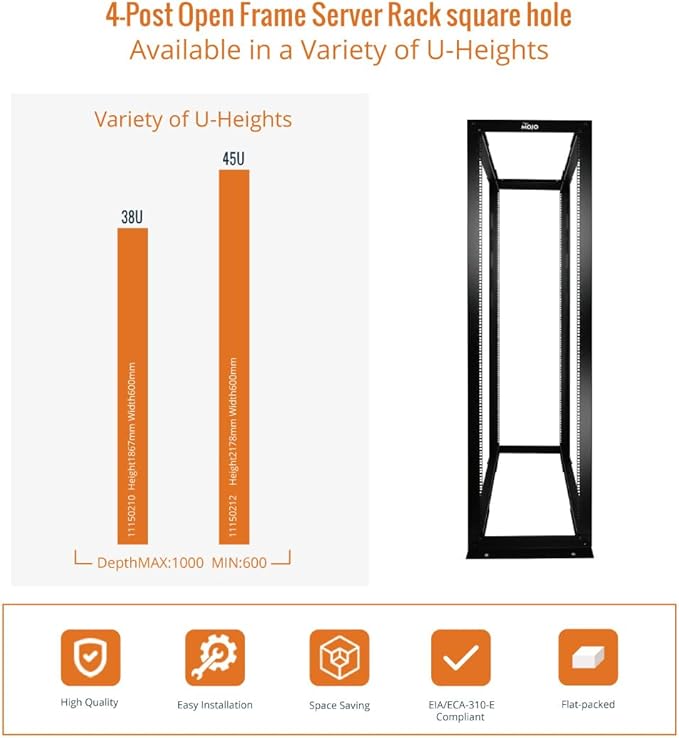 45U Open Frame Server Rack,4-Post Adjustable Depth 23.6 inch-39.3 inch Frame Rack,Professional It Rack for 19 inch Computer/AV/Data/IT Equipment,Square Hole
