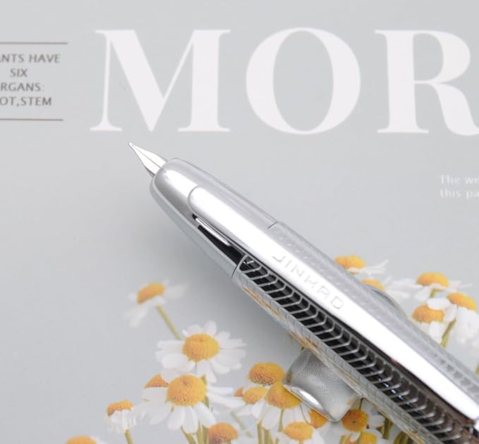 JINHAO 10 Press Fountain Pen, Retractable Metal Pen with Ink Converter (F Nib 0.5mm, Wavy Texture Bright Silver)