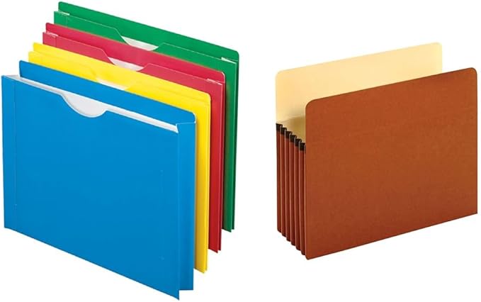 Pendaflex Color Reinforced File Jacket, 2-Inch Expanding Jacket, Letter Size, Assorted Colors, 8 Pack (12003EE) & Expanding File Pockets, Letter Size, 5.25" Expansion