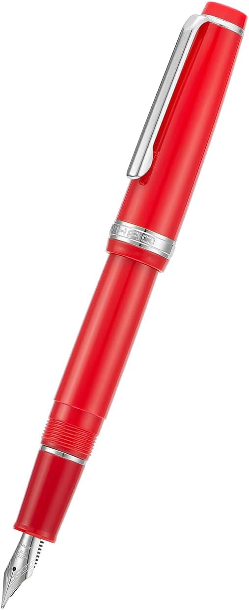 Jinhao 82 Red Acrylic Fountain Pen, Iridium Fine Nib Classic Design Smooth Writing Pen with Ink Converter (Silver Trim)