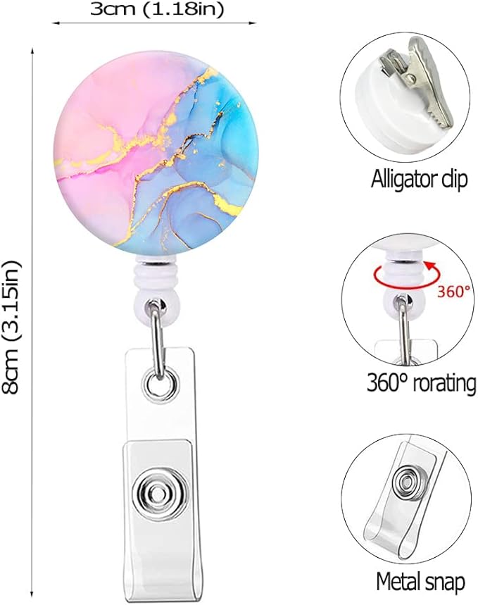 Retractable Badge Reel Clip, Badge Holder with Alligator Clip, Cute Badge Clip on ID Name Card Holders for Nurse Doctor and Office (3Pack Marble Purple & Pink)