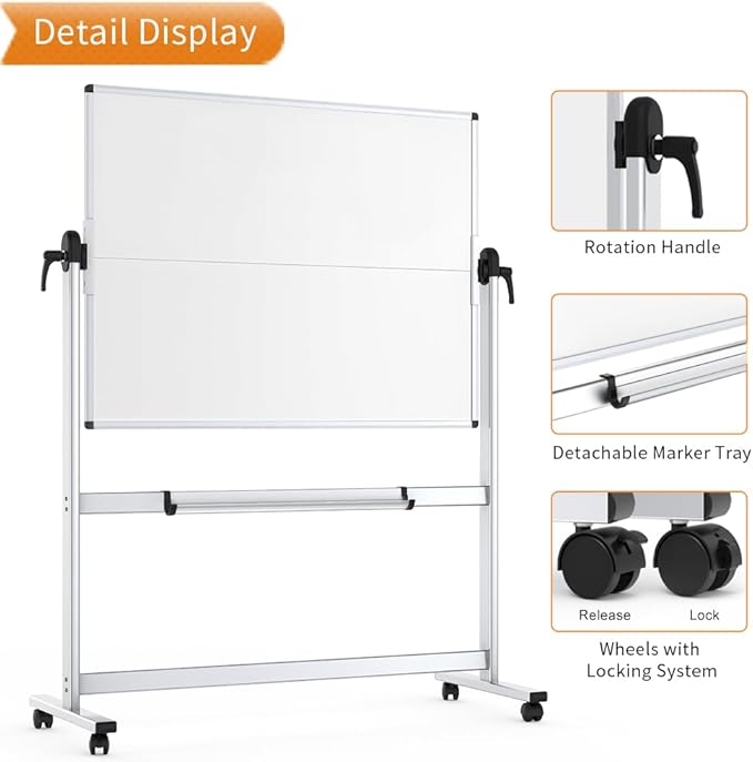 VIZ-PRO Double-Sided Mobile Whiteboard, 48 x 36 Inches, Magnetic Rolling Dry Erase White Board on Wheels with Aluminium Frame and Stand