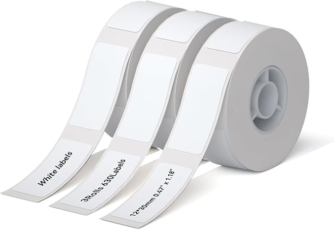 NIIMBOT D11 Label Maker Tape Adhesive White Label Paper 0.47" X 1.18" (12 X 30mm) 210 Labels/Roll, Compatible for NIIMBOT D11 D110 Label Printer, Thermal Paper Black on White, 3-Roll