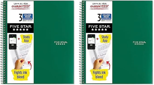 Five Star Spiral Notebook + Study App, 3 Subject, College Ruled Paper, Fights Ink Bleed, Water Resistant Cover, 8-1/2" x 11", 150 Sheets, Green (72067) (Pack of 2)