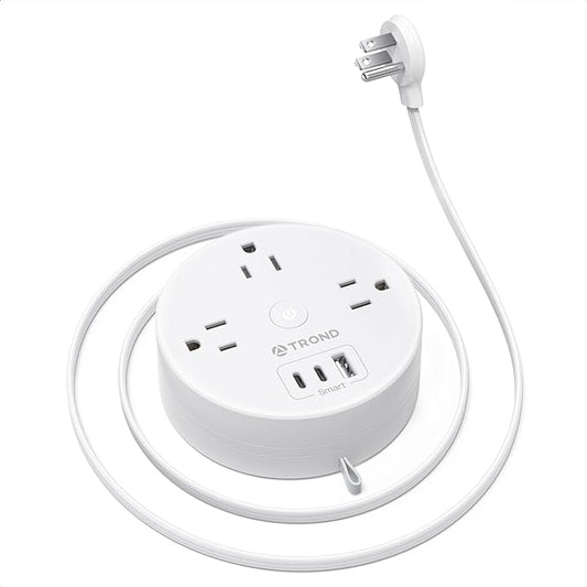 TROND Flat Plug Power Strip - Extension Cord 10FT Semi-Retractable, Power Strip with 3 AC Outlets 3 USB Ports (2 USB C), Cruise Ship Essentials, Desktop Charging Station for Home, Hotel, Dorm