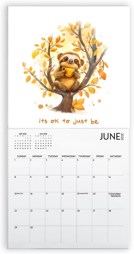 Sloth Calendar 2025 with Sticker Pack, Large 12 x 12 inch Wall Calendar, Mindfulness Wall Calendar, Inspirational Sloth Gift and Sticker Pack