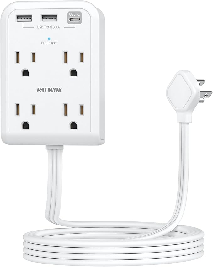 Flat Electrical Outlet Extender with USB C Ports, 4 Outlet 3 USB Wall Plug, 6 ft Thin Extension Cord, Flat Plug Power Strip Surge Protector for Home, Office. White