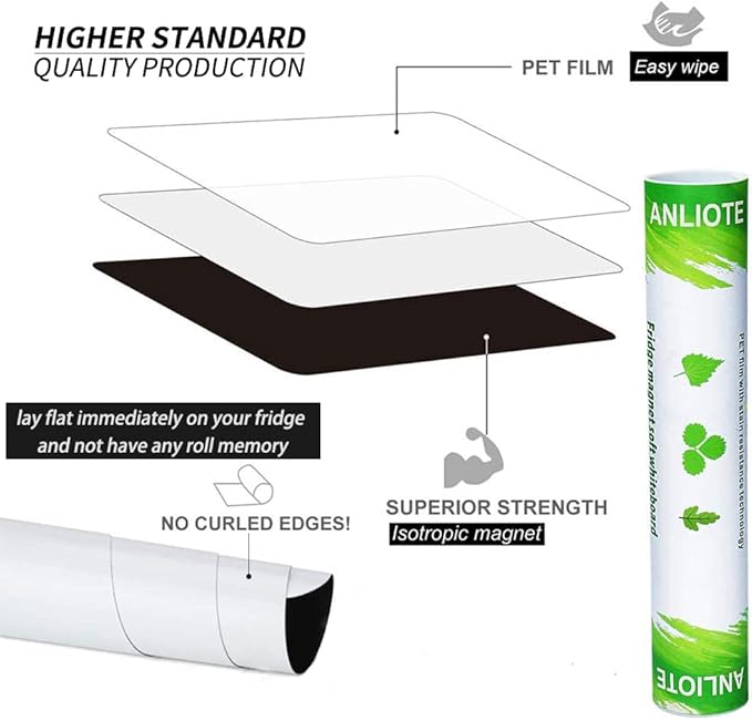 Magnetic Dry Erase Board Fridge Whiteboard Sheet 17"x11", Easy to Write and Clean, Flexible Refrigerator White Board for Home Kitchen Memo Shopping List, 2 Marker Pens and Eraser with Magnets