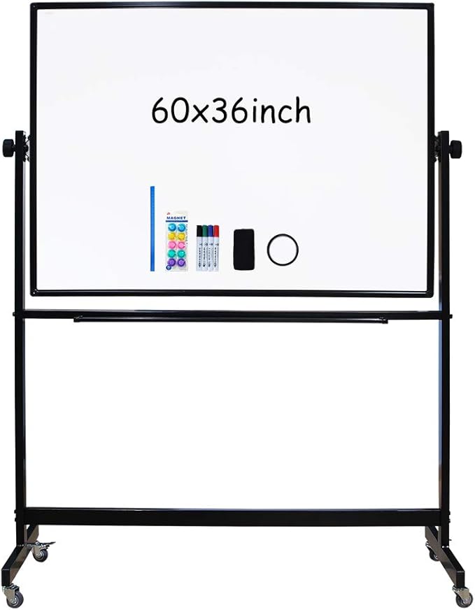 XIWODE 36x60 Large Magnetic Dry Erase Whiteboard with Stand - Double-Sided Freestanding Rolling Board, Flippable Design for Writing & Display, Black Frame for Office, Classroom, Home, Presentations