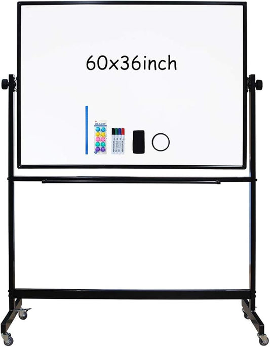XIWODE 36x60 Large Magnetic Dry Erase Whiteboard with Stand - Double-Sided Freestanding Rolling Board, Flippable Design for Writing & Display, Black Frame for Office, Classroom, Home, Presentations
